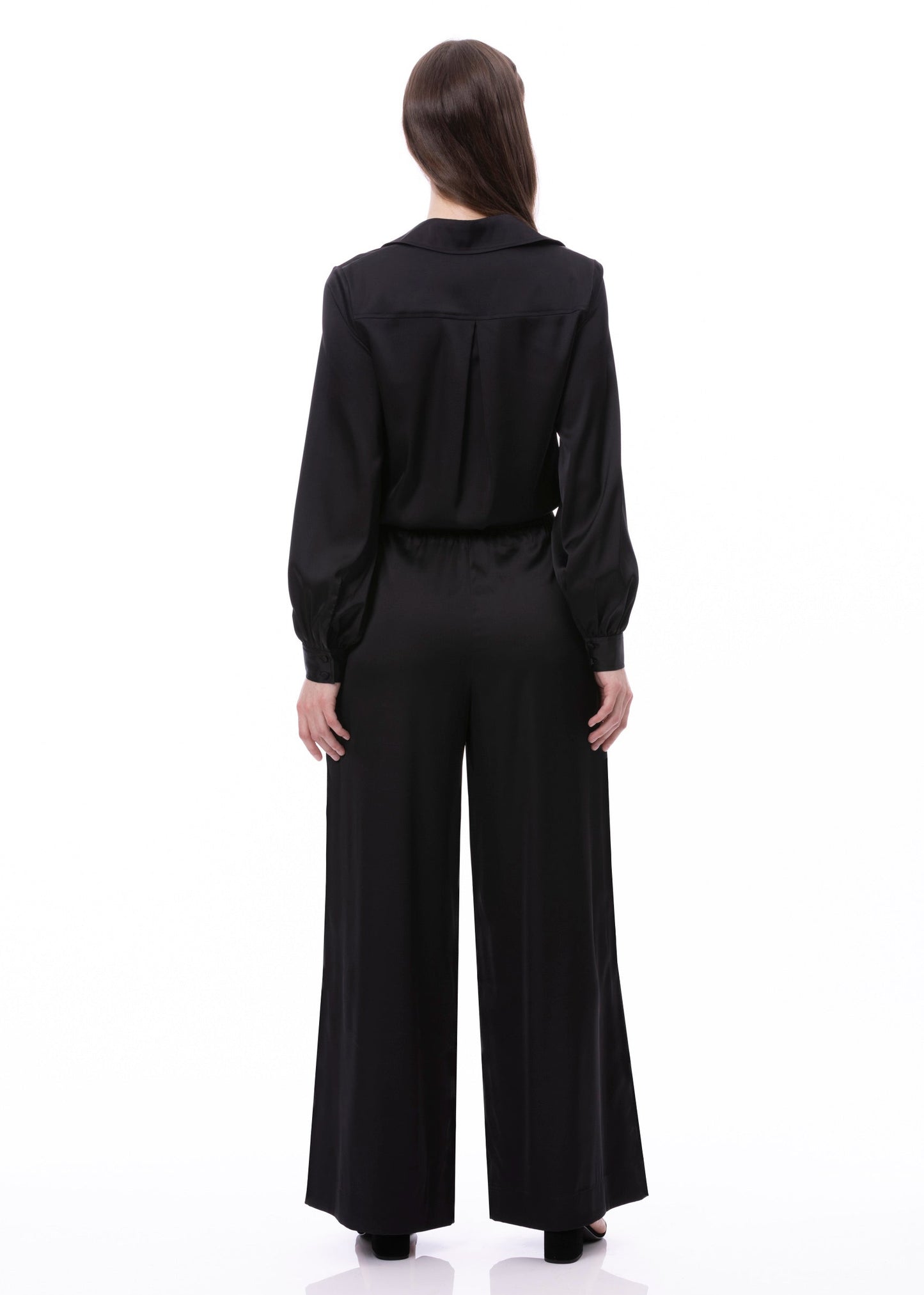 Pleat Dart Detail Pullover Satin Palazzo Wide leg Pants In Black Solid