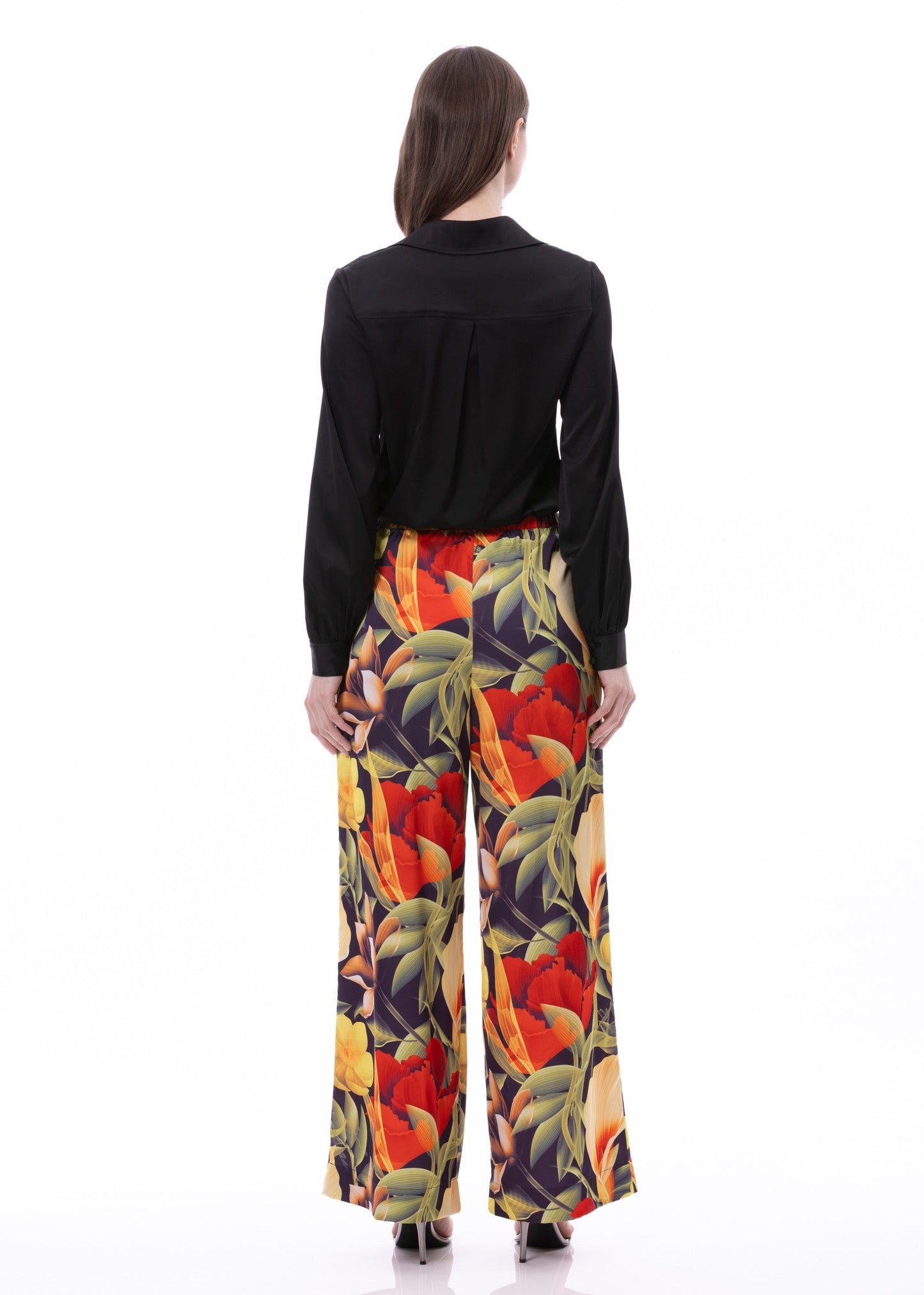 Pleat Dart Detail Pullover Satin Palazzo Wide leg Pants In Digital Floral Print