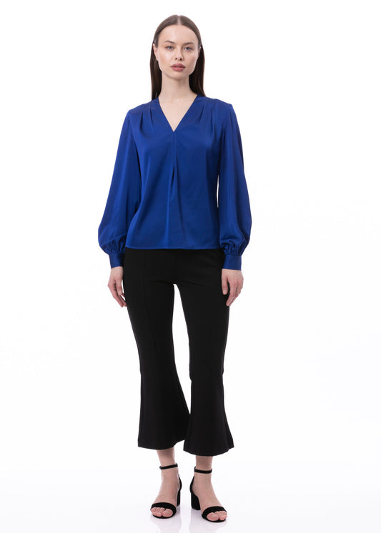 V-neck Pleat Detail Balloon Long Sleeve Blouse In Cobalt Solid