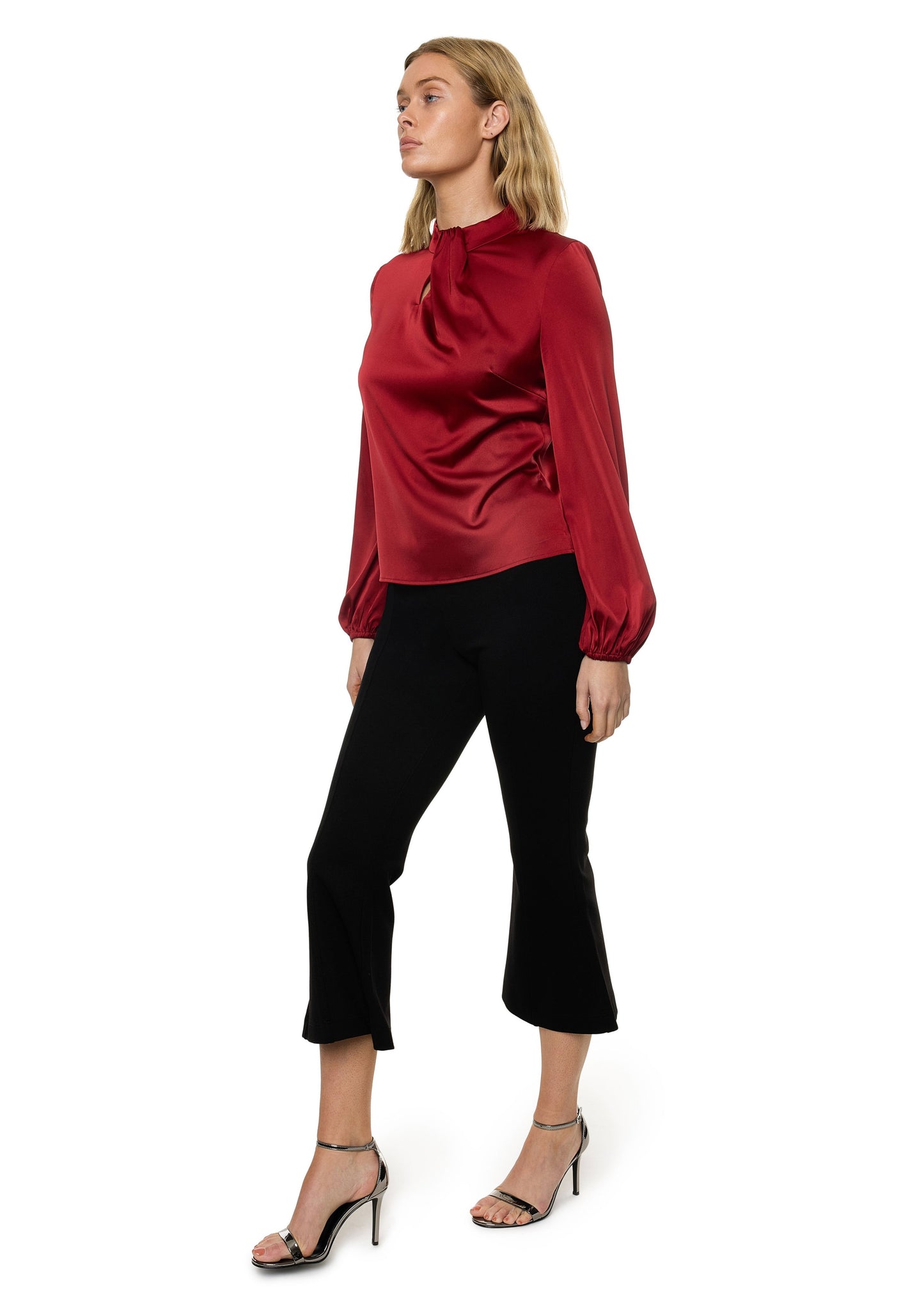 Draped Mock Neck Long Sleeve Shirt ( Solid )