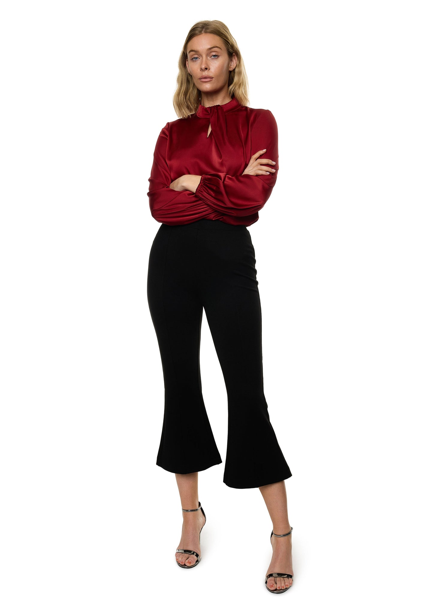 Draped Mock Neck Long Sleeve Shirt ( Solid )