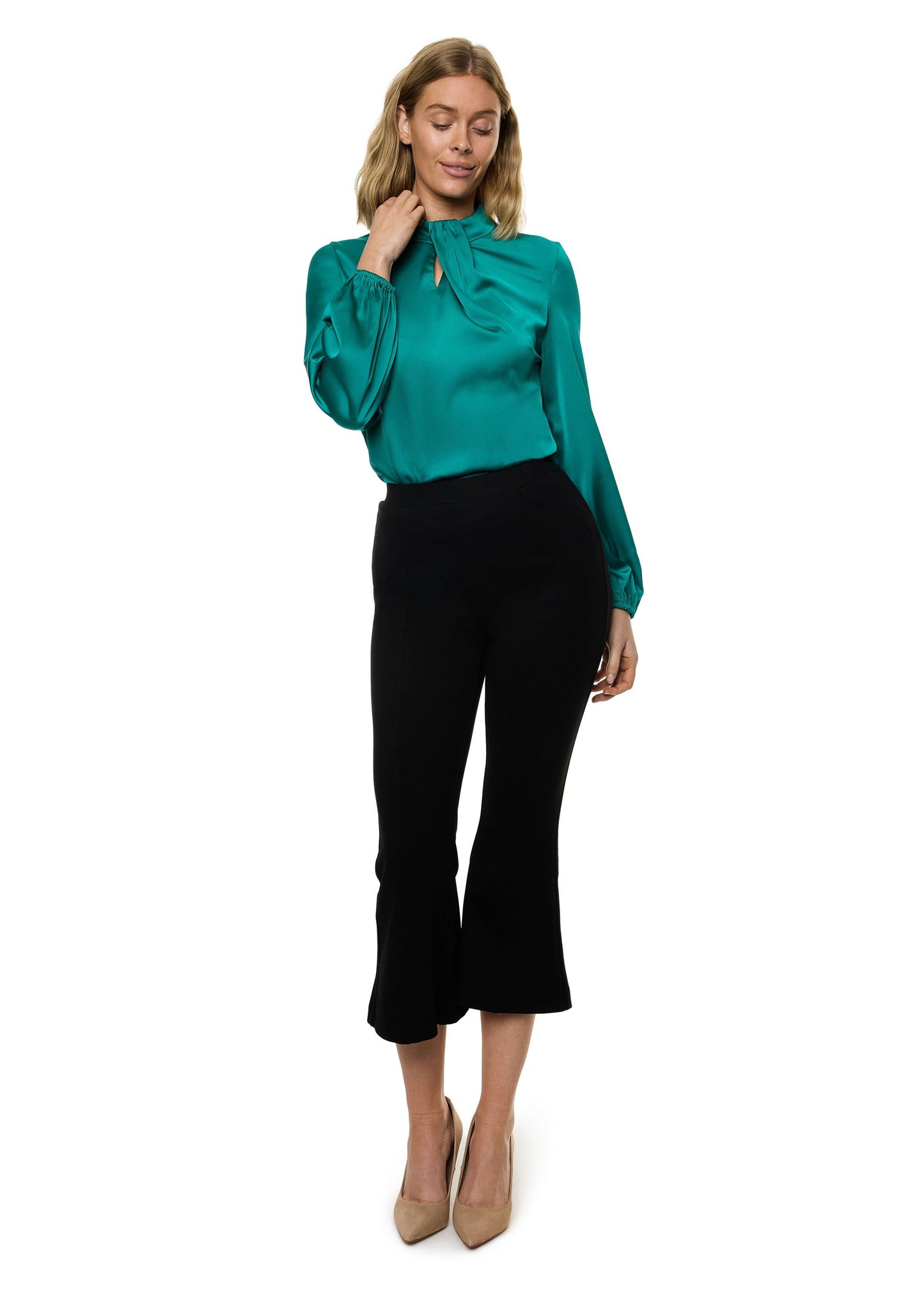 Draped Mock Neck Long Sleeve Shirt ( Solid )