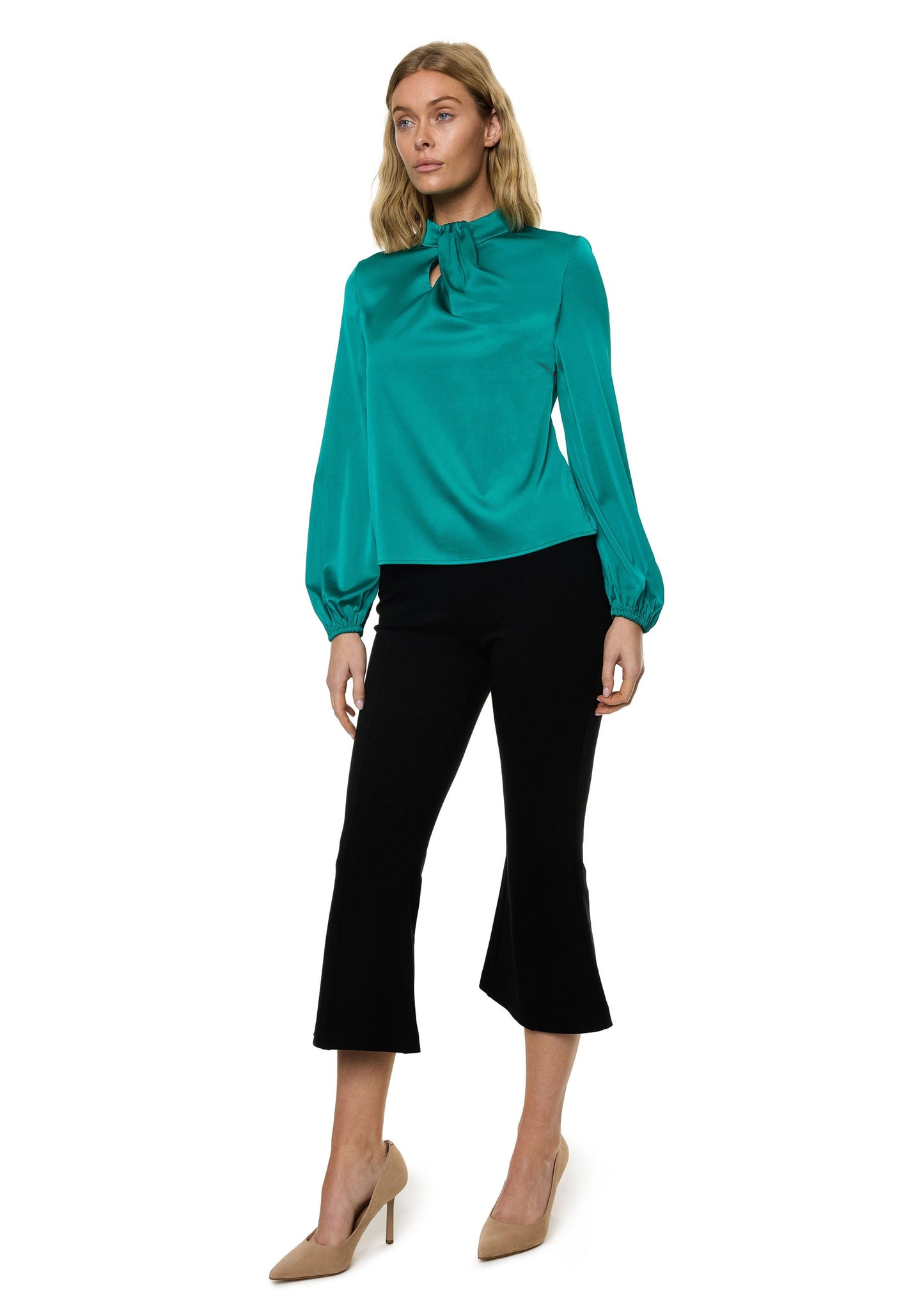 Draped Mock Neck Long Sleeve Shirt ( Solid )
