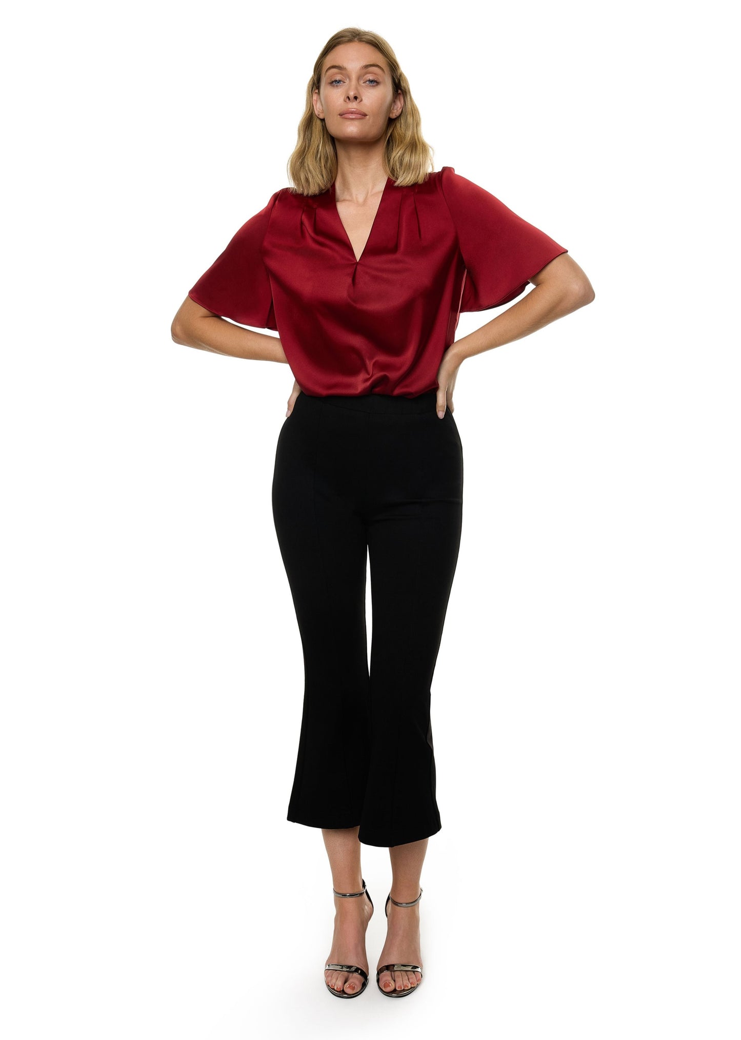 V-neck Pleat Detail Flutter Sleeve Blouse (Solid)