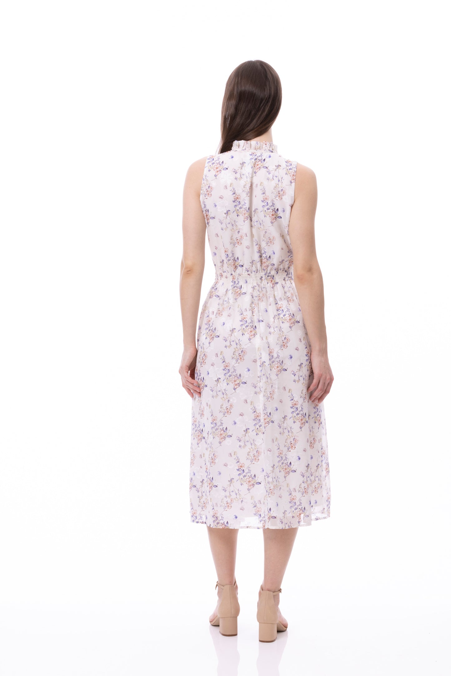 Sleeveless Smocked Waist Tie Front Dress With Pockets In Romantic Garden Print