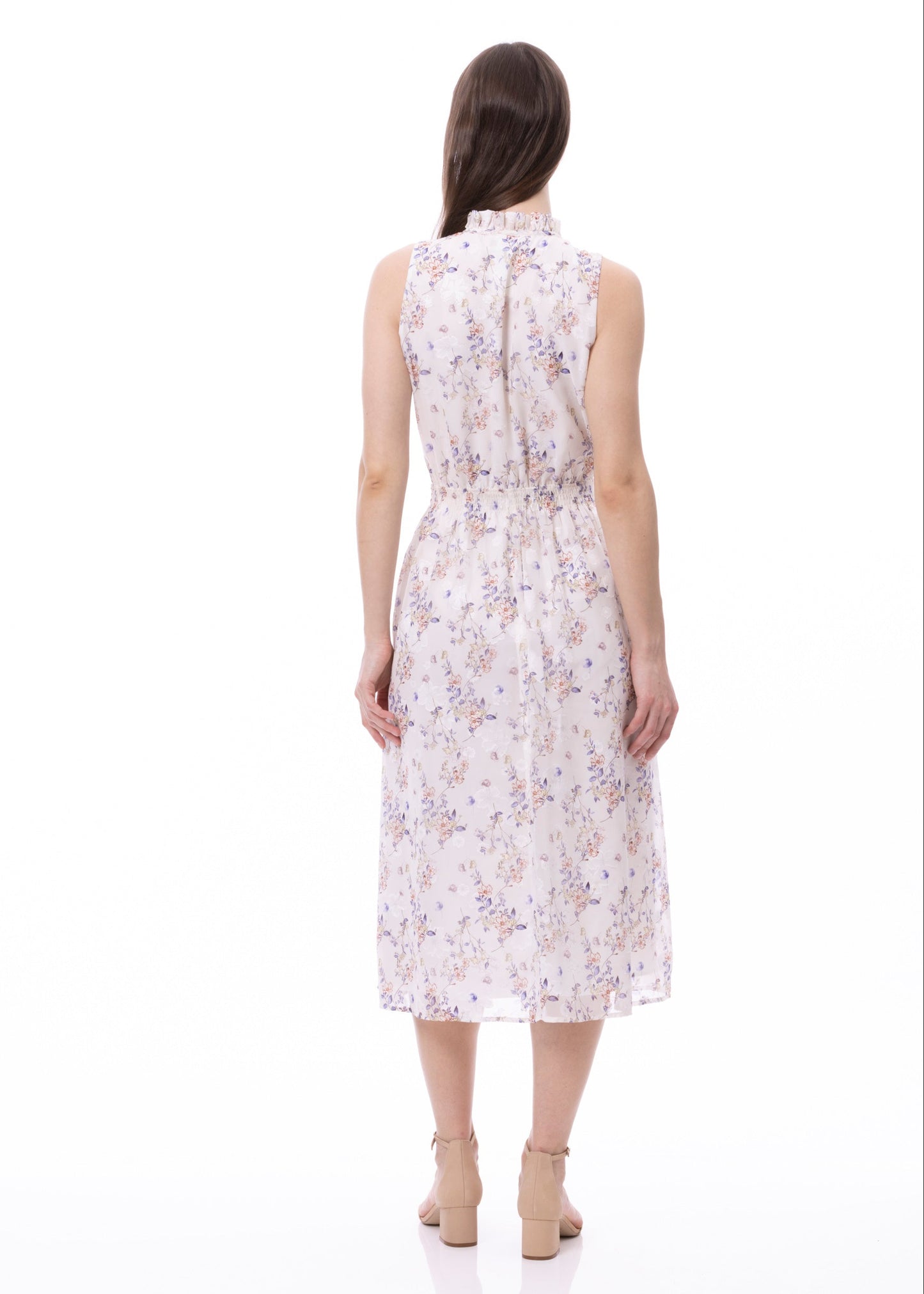 Sleeveless Smocked Waist Tie Front Dress With Pockets In Romantic Garden Print