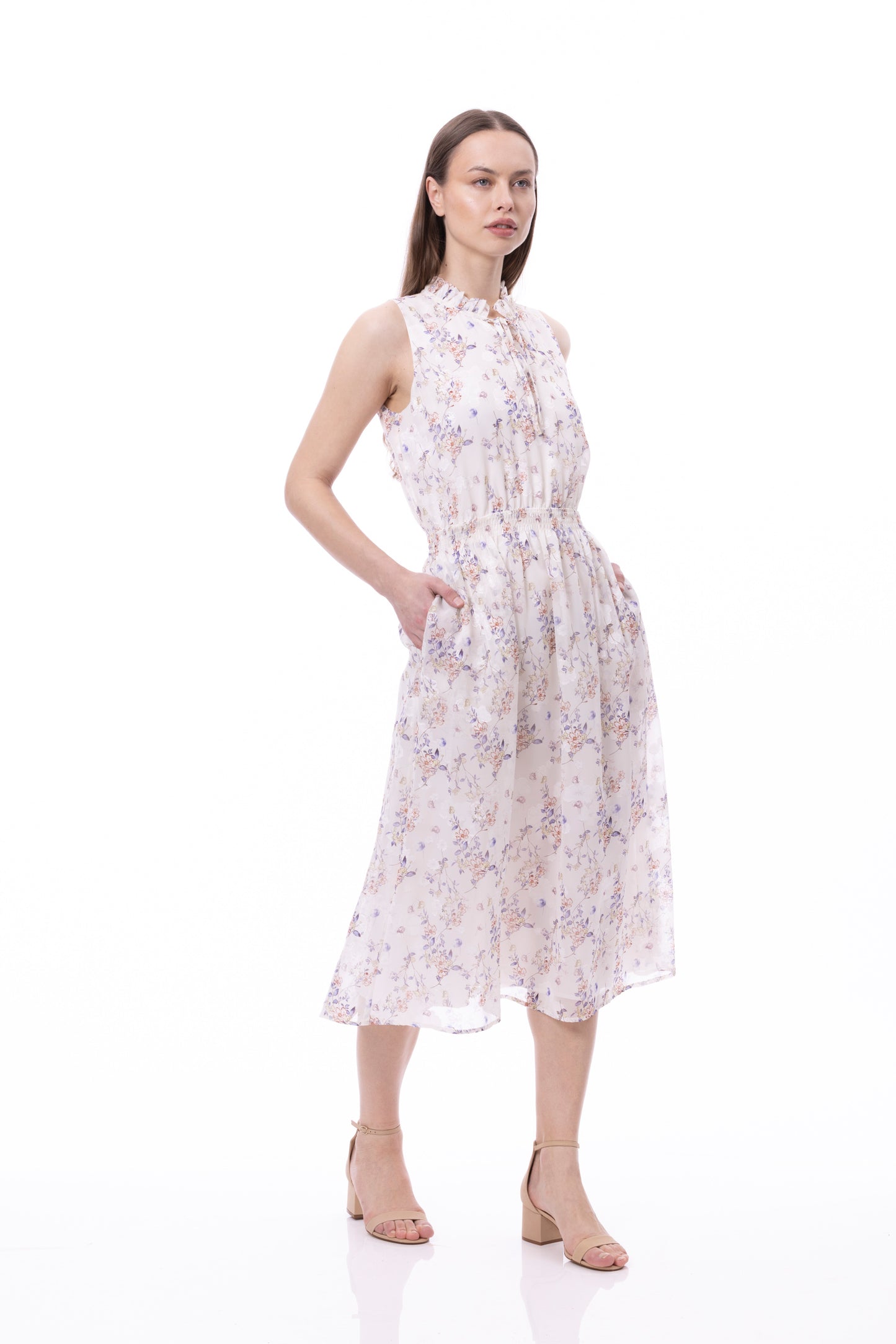 Sleeveless Smocked Waist Tie Front Dress With Pockets In Romantic Garden Print