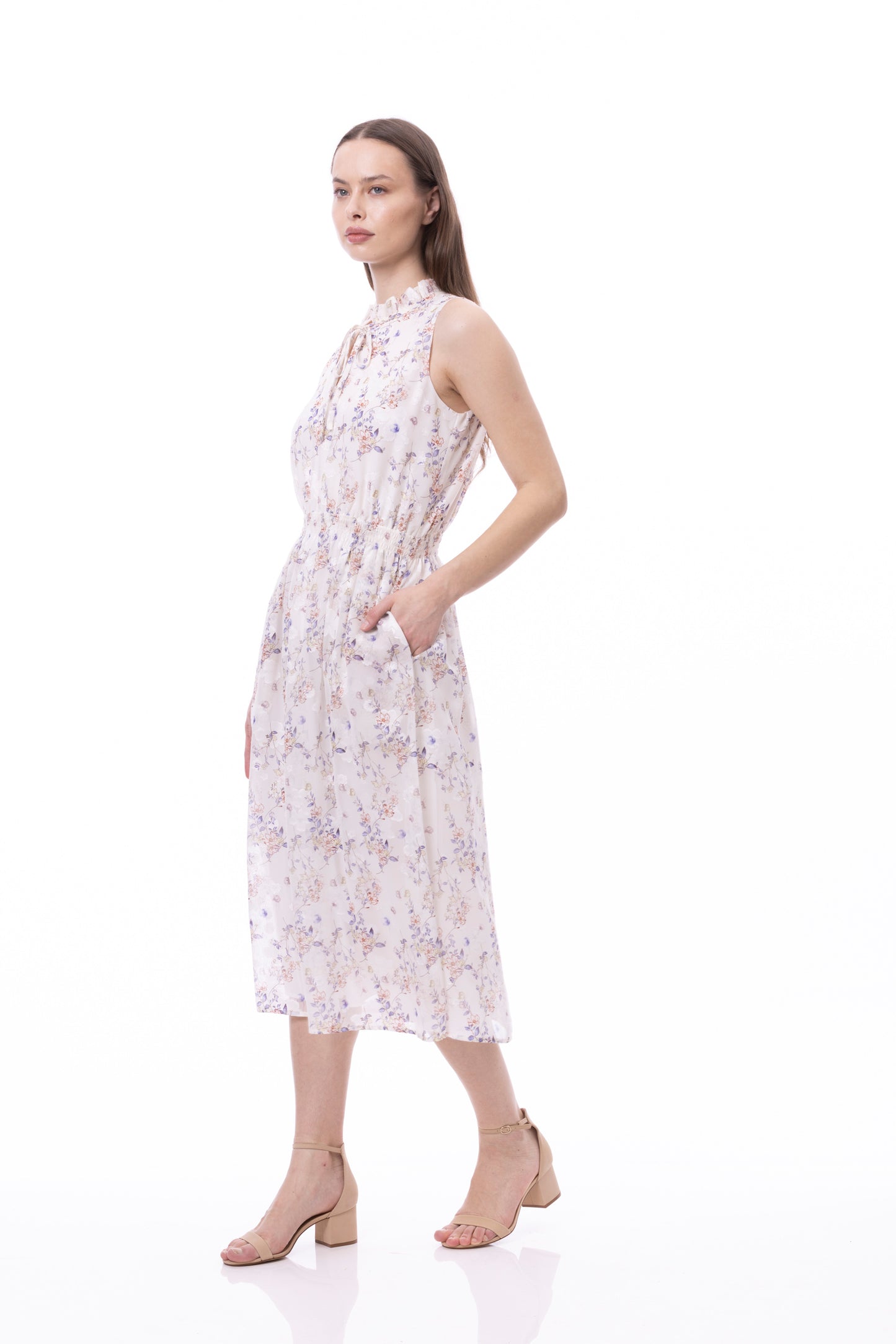 Sleeveless Smocked Waist Tie Front Dress With Pockets In Romantic Garden Print