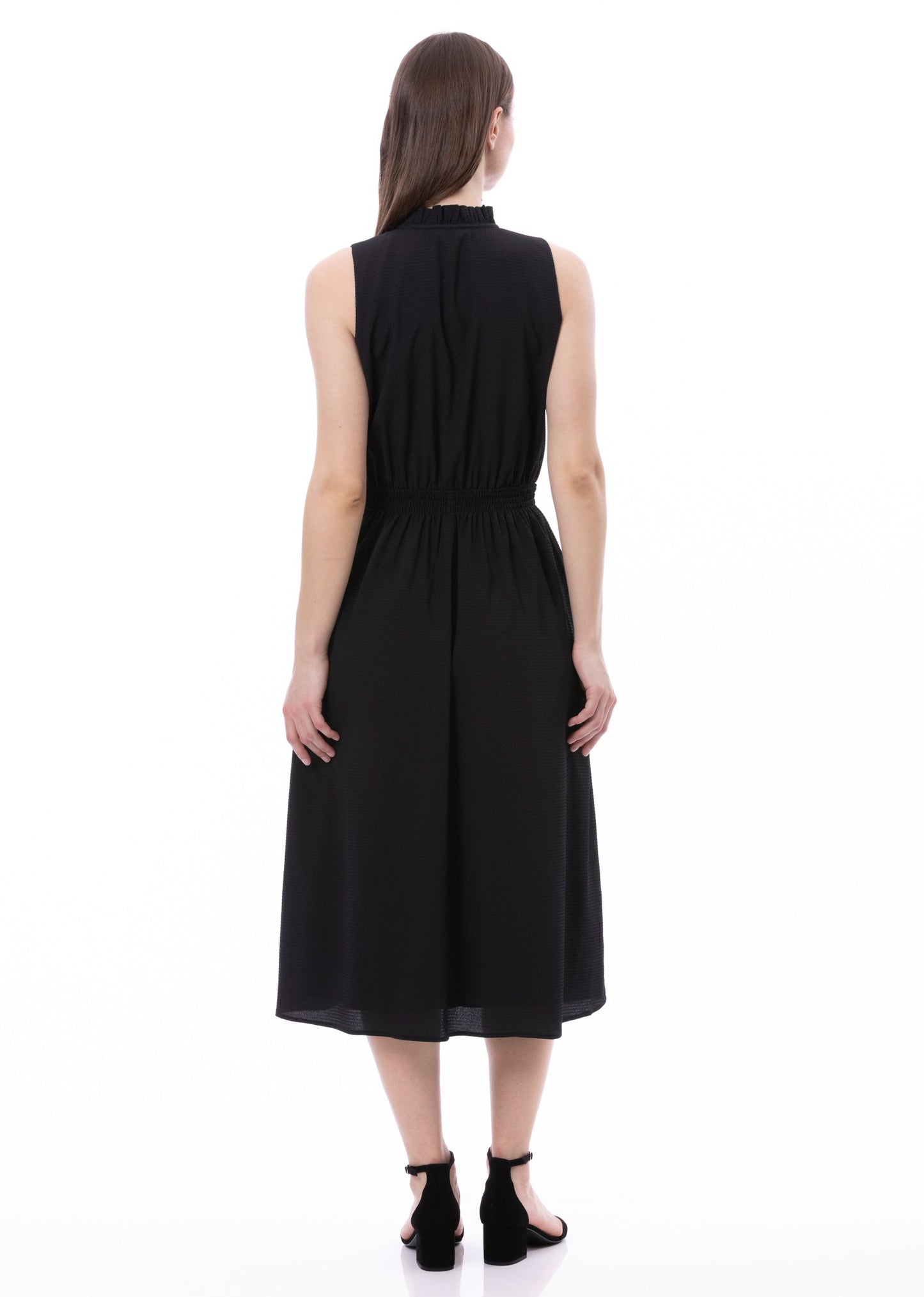 Sleeveless Smocked Waist Tie Front Dress With Pockets In Black Solid