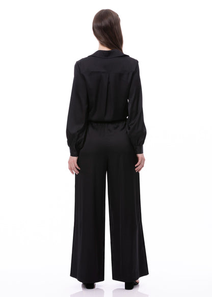 Pleat Dart Detail Pullover Satin Palazzo Wide leg Pants In Black Solid