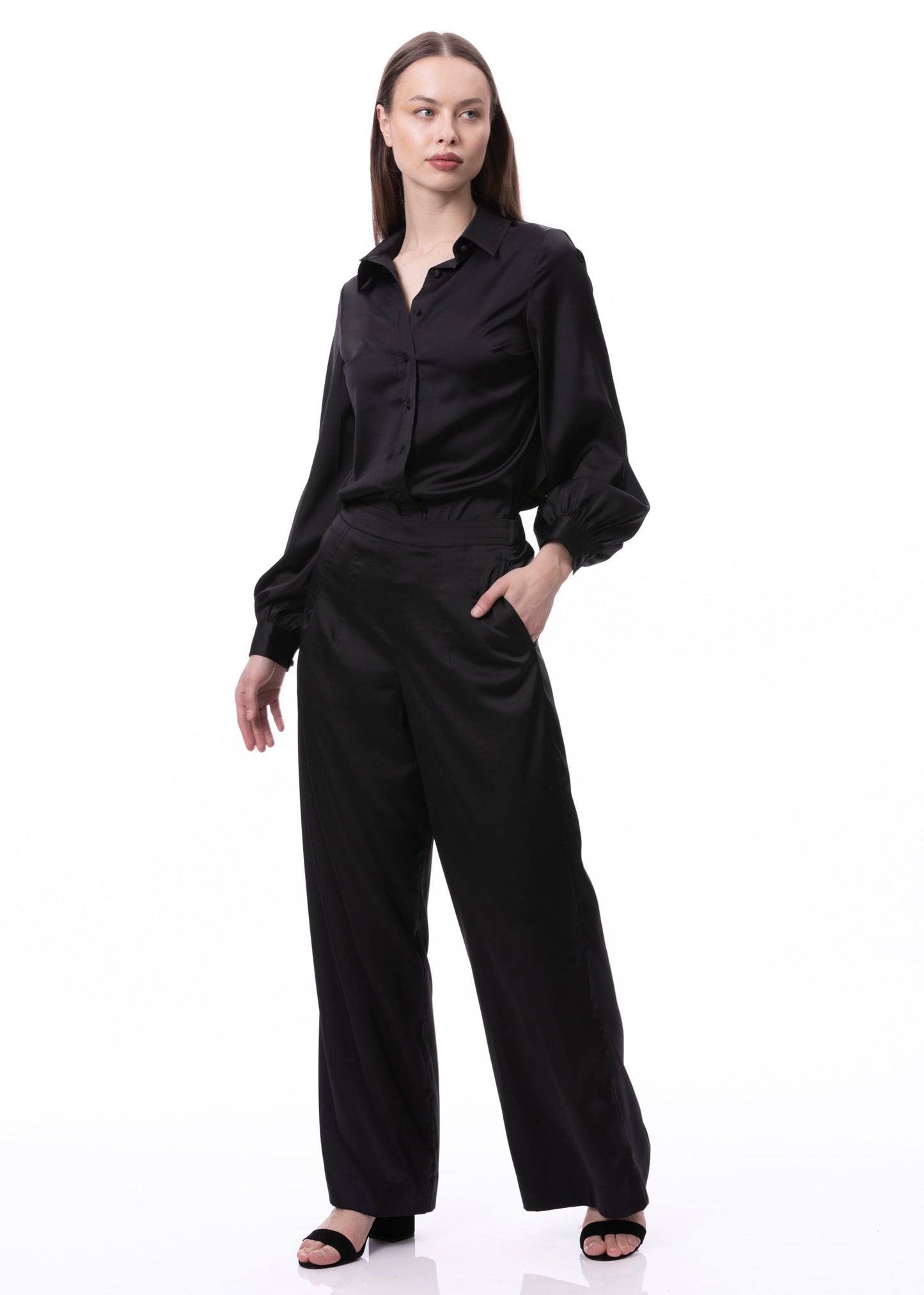 Pleat Dart Detail Pullover Satin Palazzo Wide leg Pants In Black Solid