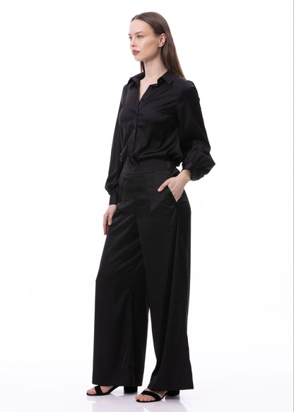Pleat Dart Detail Pullover Satin Palazzo Wide leg Pants In Black Solid