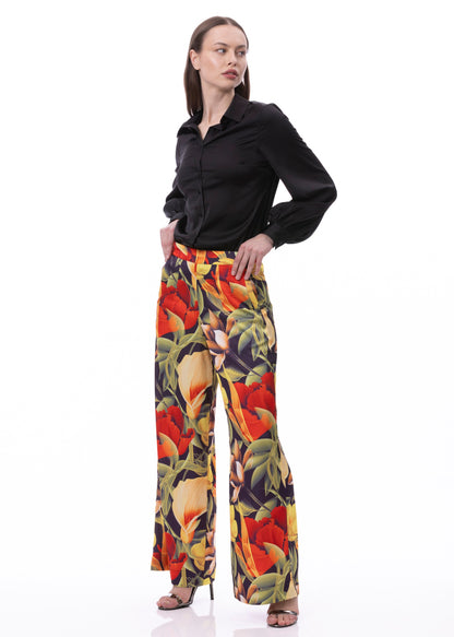 Pleat Dart Detail Pullover Satin Palazzo Wide leg Pants In Digital Floral Print