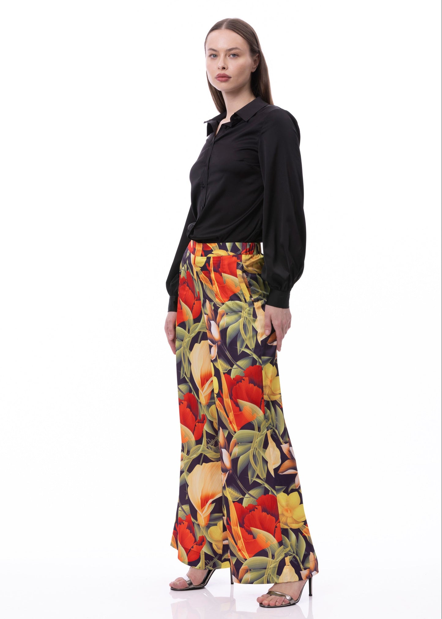 Pleat Dart Detail Pullover Satin Palazzo Wide leg Pants In Digital Floral Print