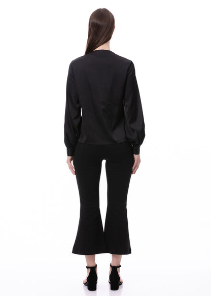 V-neck Pleat Detail Balloon Long Sleeve Blouse In Black Solid