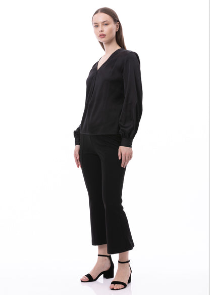 V-neck Pleat Detail Balloon Long Sleeve Blouse In Black Solid