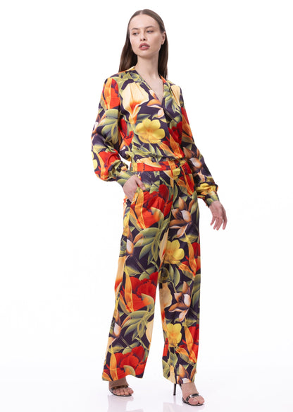 V-neck Pleat Detail Balloon Long Sleeve Blouse In Digital Floral Print