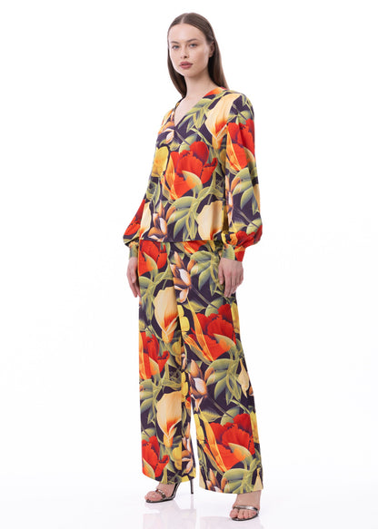 V-neck Pleat Detail Balloon Long Sleeve Blouse In Digital Floral Print