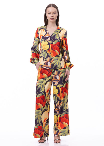 V-neck Pleat Detail Balloon Long Sleeve Blouse In Digital Floral Print