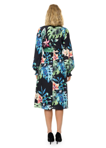Front Neck Tie Smocked Waist Long Sleeve Midi Dress (Print)