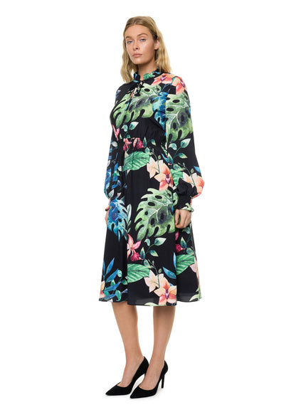 Front Neck Tie Smocked Waist Long Sleeve Midi Dress (Print)