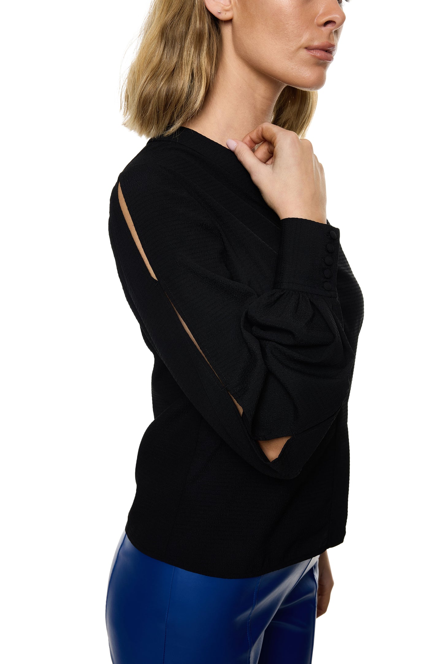 V-Neck Bar Tack Long Sleeve Blouse (Solid)