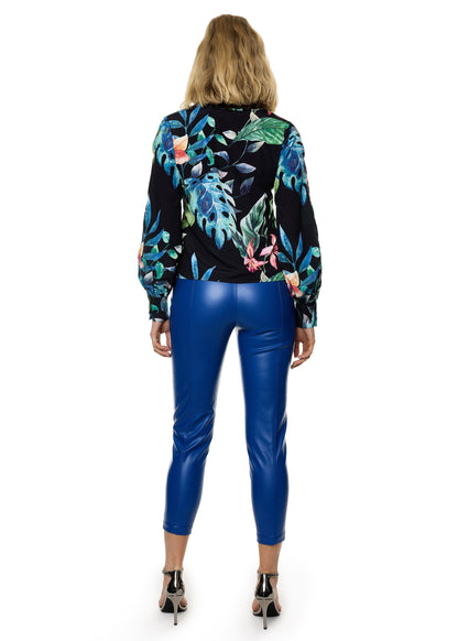 V-Neck Bar Tack Long Sleeve Blouse (Print)