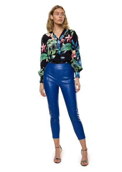 V-Neck Bar Tack Long Sleeve Blouse (Print)