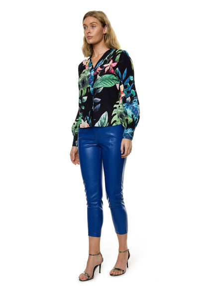 V-Neck Bar Tack Long Sleeve Blouse (Print)