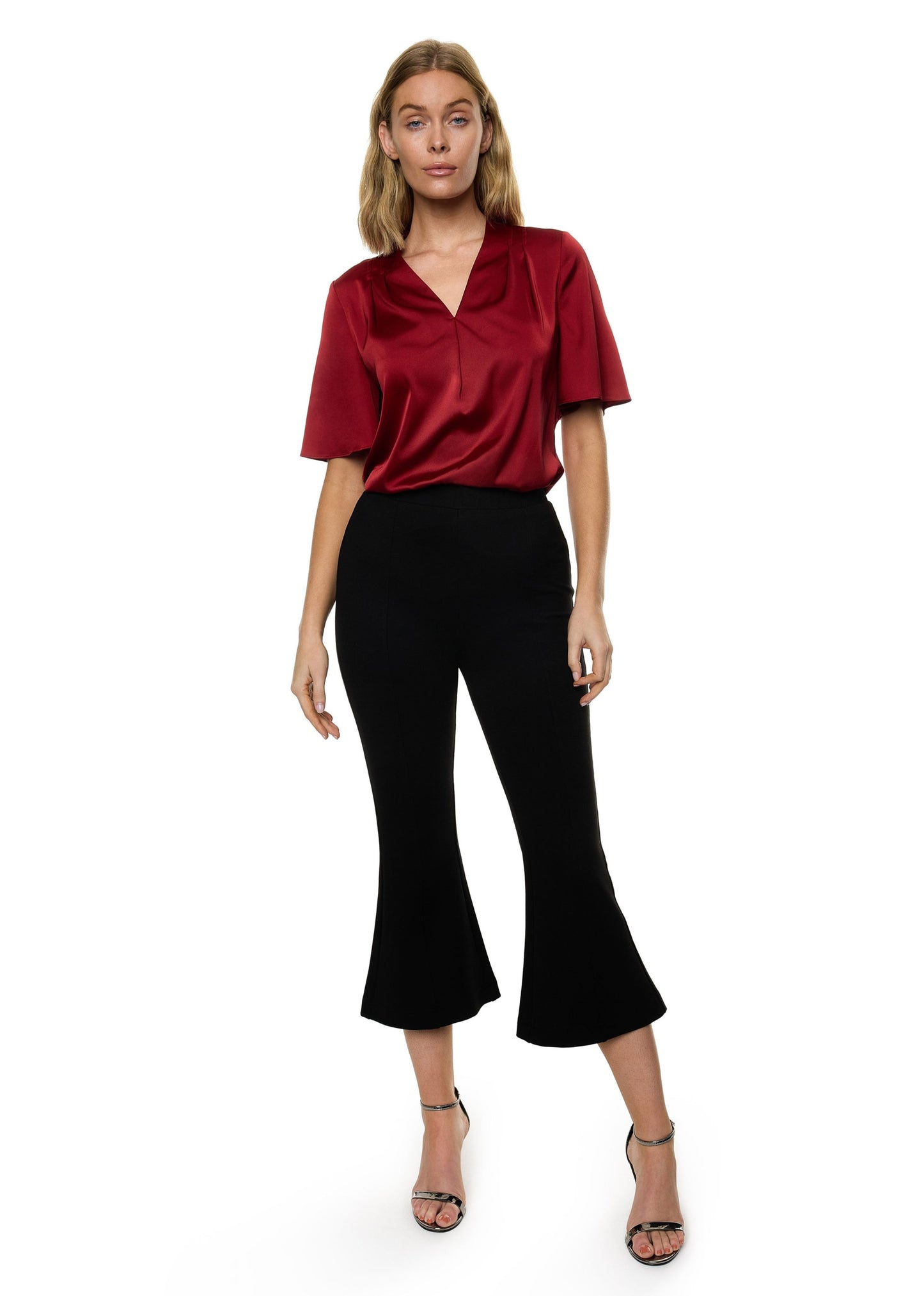 V-neck Pleat Detail Flutter Sleeve Blouse (Solid)