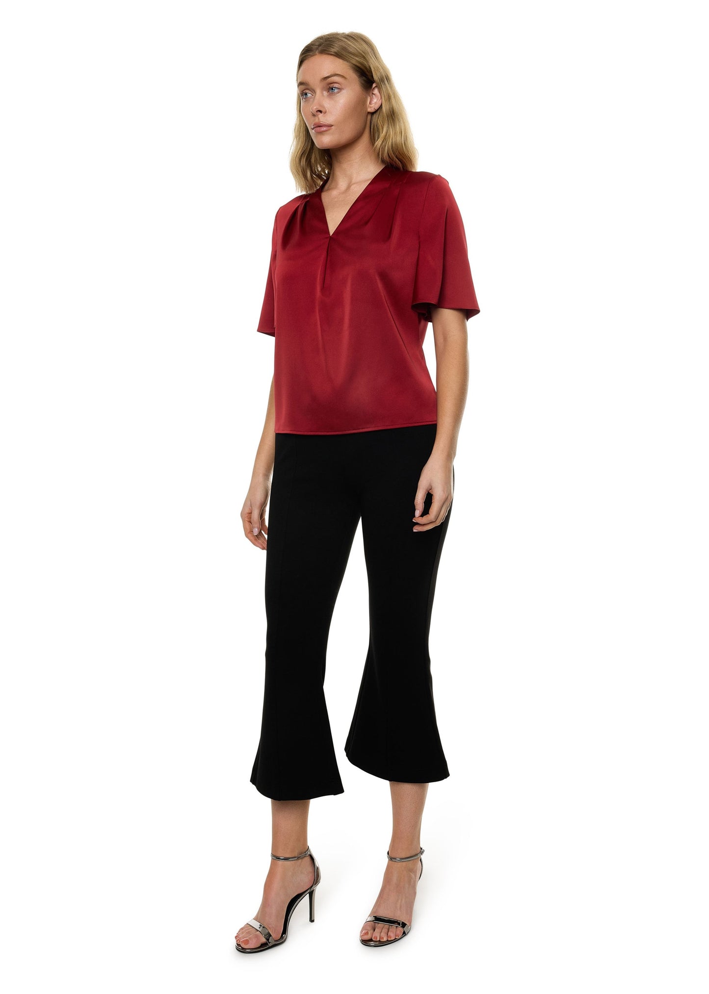 V-neck Pleat Detail Flutter Sleeve Blouse (Solid)