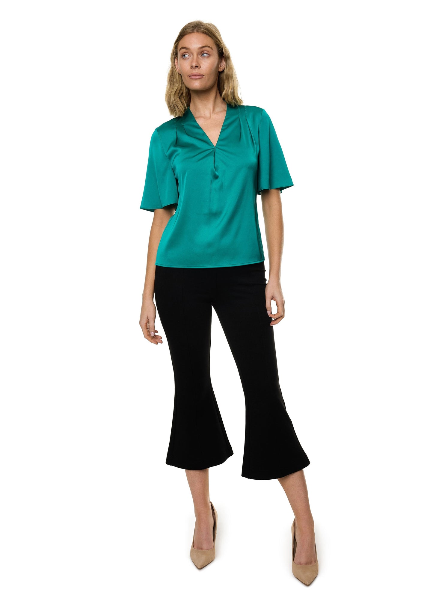 V-neck Pleat Detail Flutter Sleeve Blouse (Solid)