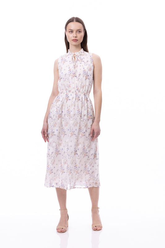 Sleeveless Smocked Waist Tie Front Dress With Pockets In Romantic Garden Print