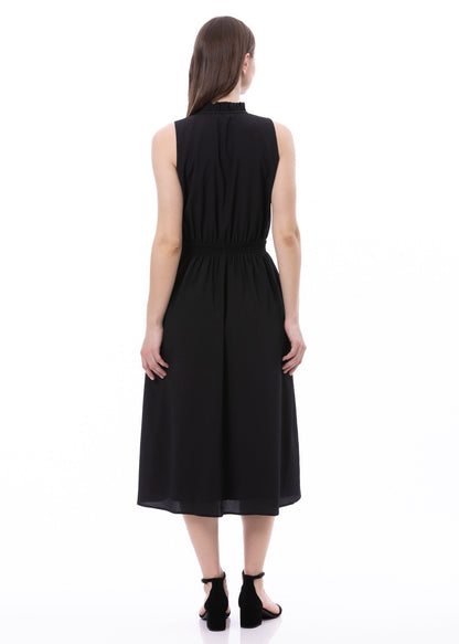 Sleeveless Smocked Waist Tie Front Dress With Pockets In Black Solid