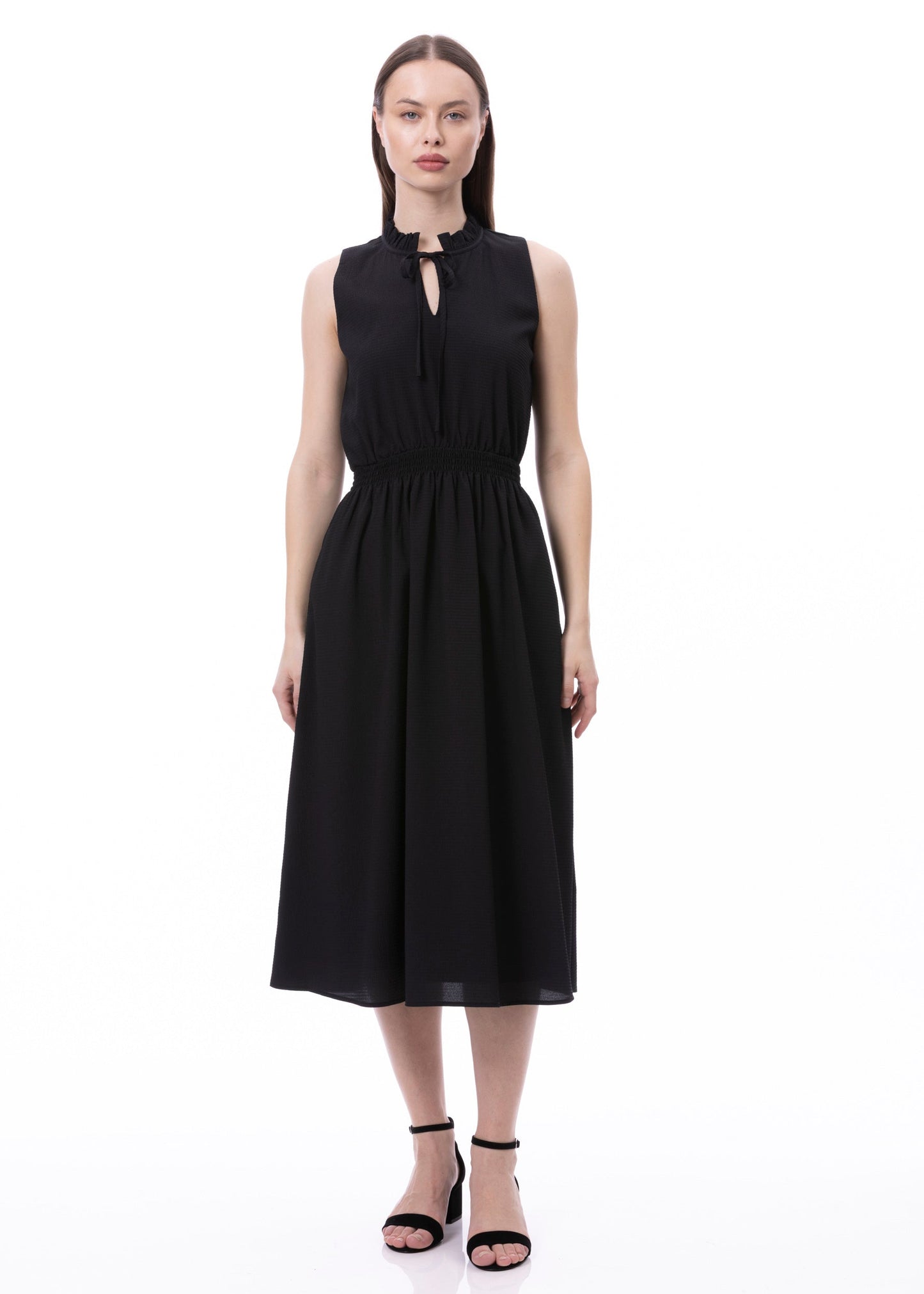 Sleeveless Smocked Waist Tie Front Dress With Pockets In Black Solid