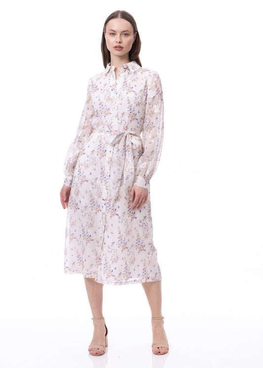 Button Down Shirt Dress With Illusion Puff Long Sleeve & Pockets In Romantic Garden Print