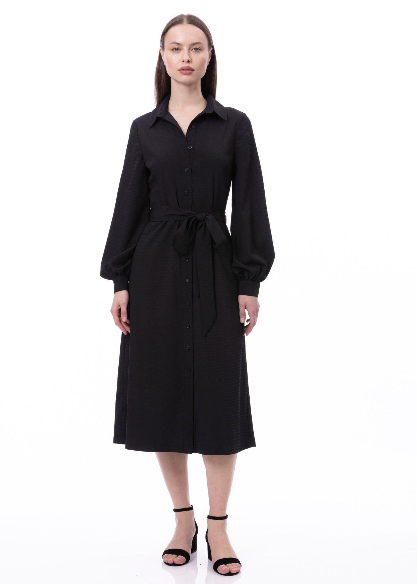 Button Down Striped Satin Jacquard Shirt Dress With Puff Long Sleeve & Pockets In Black Solid