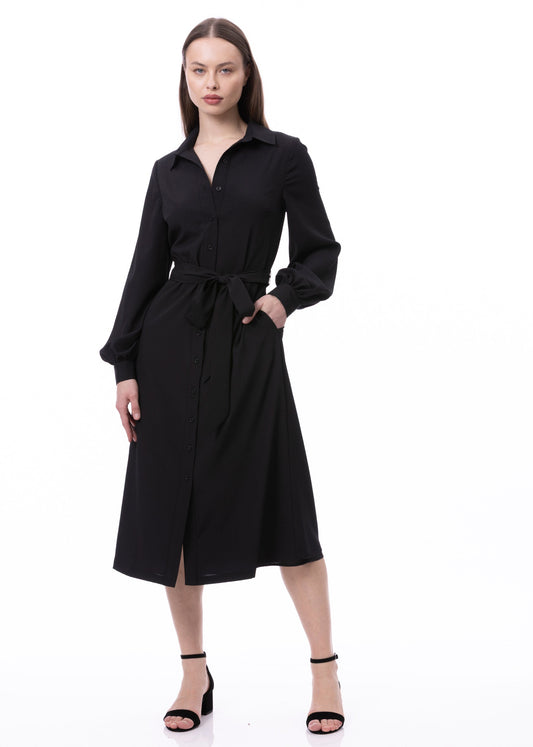 Button Down Striped Satin Jacquard Shirt Dress With Puff Long Sleeve & Pockets In Black Solid
