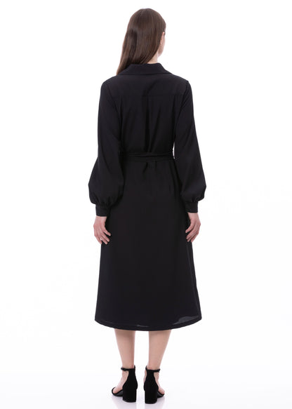 Button Down Striped Satin Jacquard Shirt Dress With Puff Long Sleeve & Pockets In Black Solid
