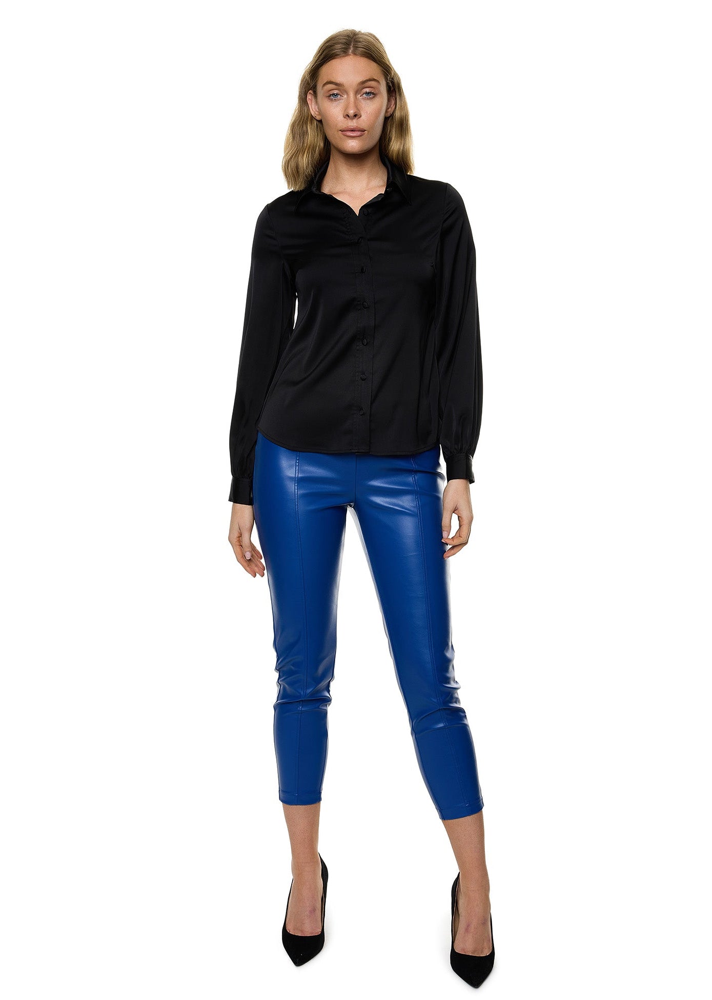 PU Leather Skinny Cigarettes Pant In Cobalt Solid