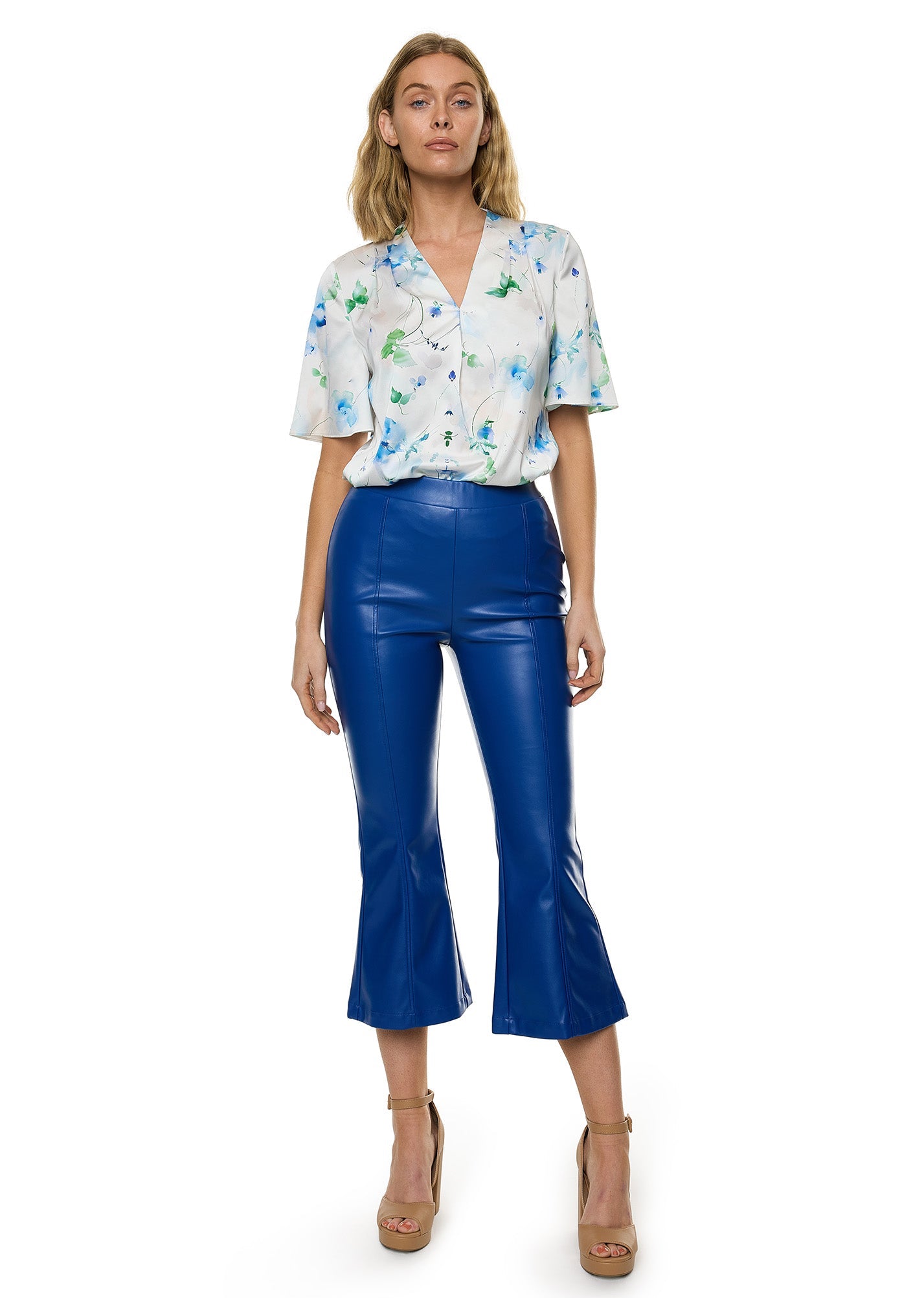 PU Leather Skinny Flare Pant In Cobalt Solid