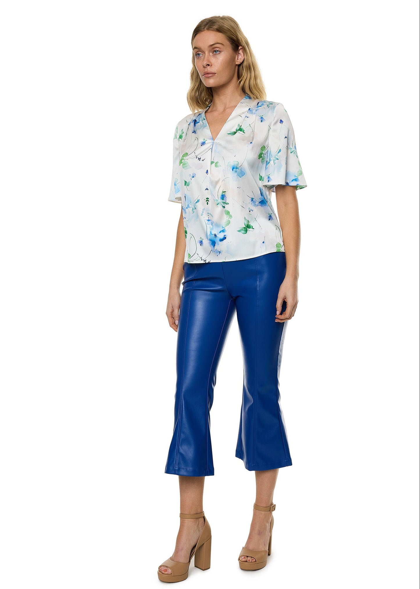 PU Leather Skinny Flare Pant In Cobalt Solid