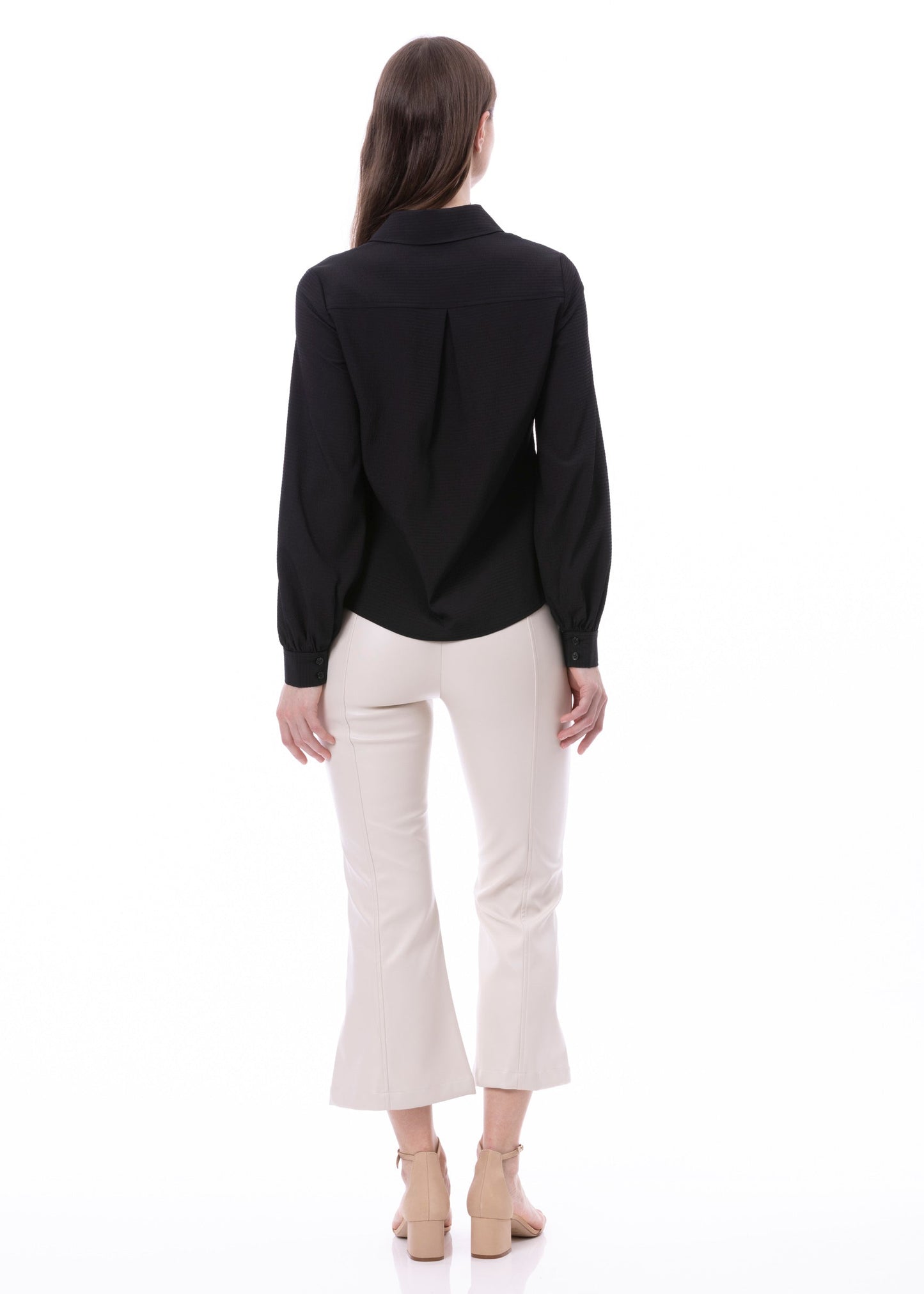 Button Down Long Sleeve Striped Satin Jacquard Shirt In Black Solid