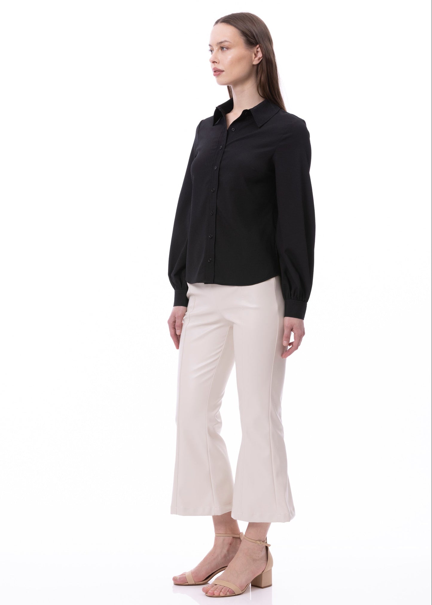 Button Down Long Sleeve Striped Satin Jacquard Shirt In Black Solid