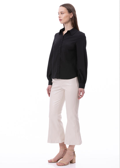 Button Down Long Sleeve Striped Satin Jacquard Shirt In Black Solid