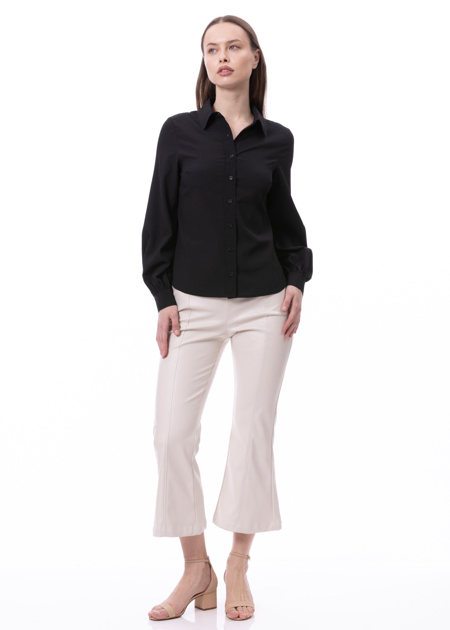 Button Down Long Sleeve Striped Satin Jacquard Shirt In Black Solid