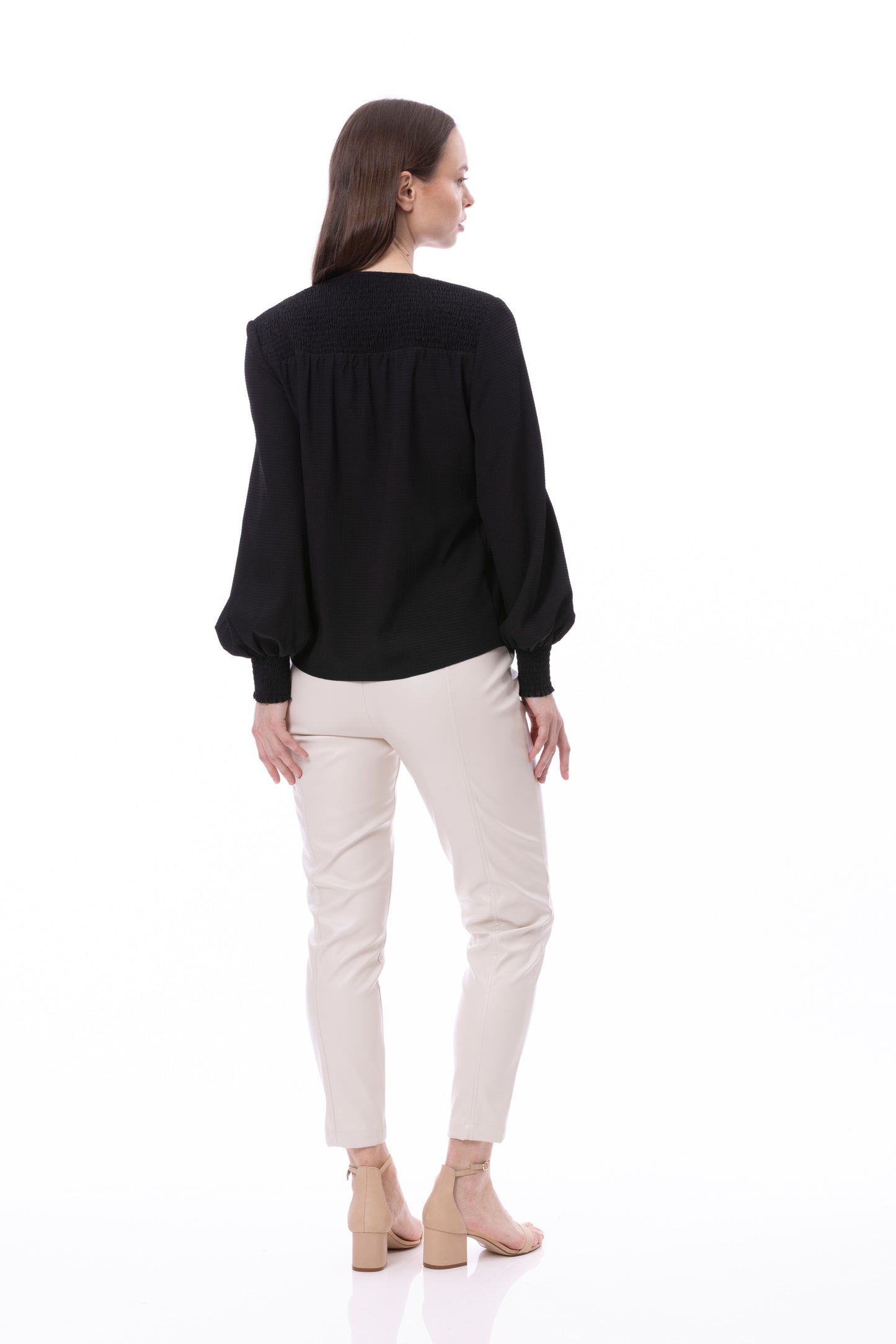 V-neck Bishop Sleeve Smocked Shoulder & Cuff Faux Wrap Blouse In Black Solid