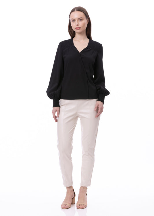 V-neck Bishop Sleeve Smocked Shoulder & Cuff Faux Wrap Blouse In Black Solid