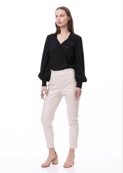 V-neck Bishop Sleeve Smocked Shoulder & Cuff Faux Wrap Blouse In Black Solid