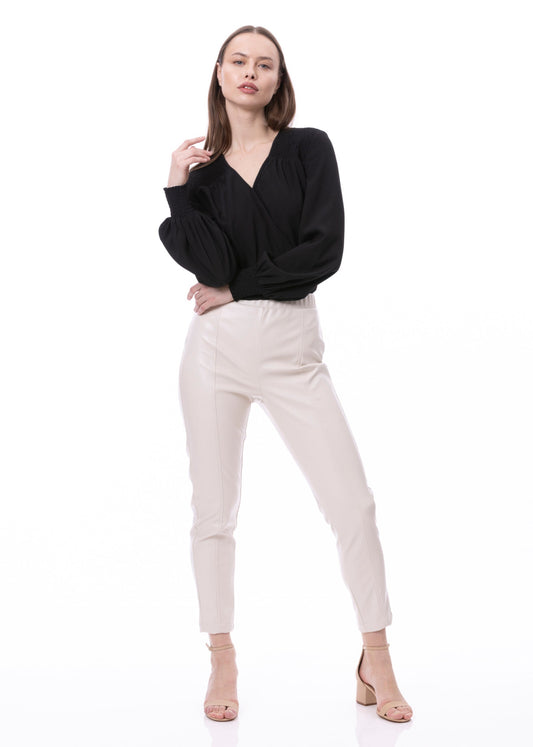 V-neck Bishop Sleeve Smocked Shoulder & Cuff Faux Wrap Blouse In Black Solid